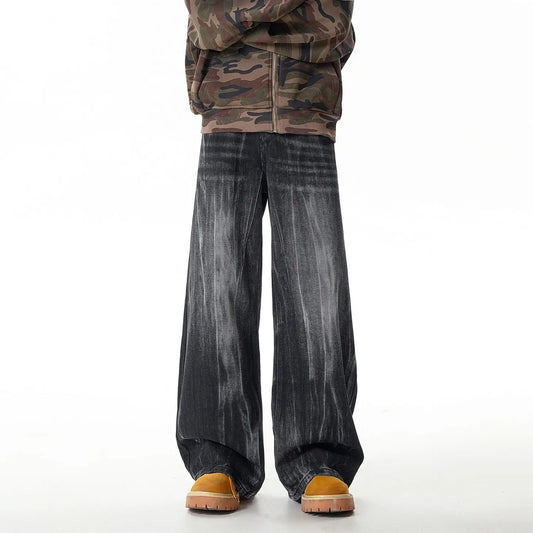 Retro Washed Denim Pants Men Loose Distressed Wide Leg Long Trousers
