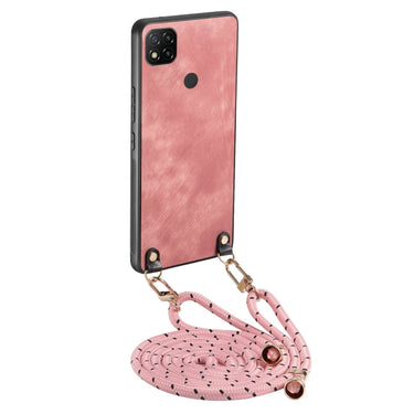 Vintage Leather PC Back Cover Phone Case with Crossbody Strap, For Xiaomi Redmi 9C