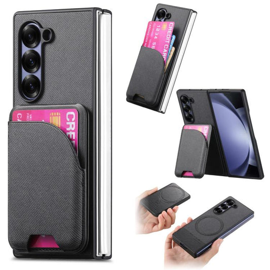 Twill Fabric Leather Skin Card Bag Magnetic Back Phone Case, For Galaxy Z Fold5, For Galaxy Z Fold4, For Galaxy Z Fold3 5G