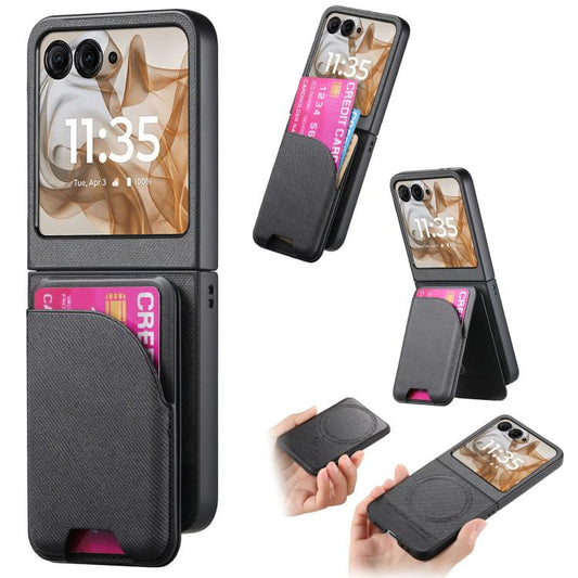 Twill Fabric Leather Skin Card Bag Magnetic Back Phone Case, For Motorola Razr 50, For Motorola Razr 40, For Motorola Razr 40 Ultra