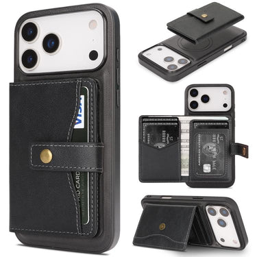 Kalebol Magnetic Button Card Bag MagSafe Ring Leather Phone Case, For iPhone 17 Pro Max, For iPhone 17 Pro, For iPhone 17, For iPhone Air