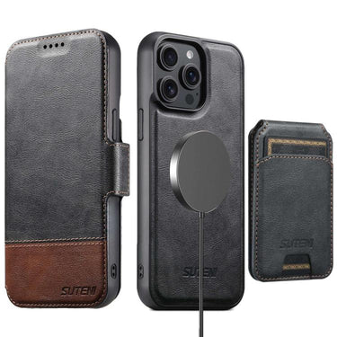 Suteni Q06S2 3-in-1 Detachable Vertical Flip Wallet MagSafe Splicing Leather Phone Case, For iPhone 13 Pro Max, For iPhone 13 Pro, For iPhone 13, For iPhone 12, For iPhone 12 Pro Max, For iPhone 12 Pro