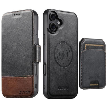 Suteni Q06S2 3-in-1 Detachable Vertical Flip Wallet MagSafe Splicing Leather Phone Case, For iPhone 17 Pro Max, For iPhone 17 Pro, For iPhone 17, For iPhone Air, For iPhone 16 Pro Max, For iPhone 16 Pro, For iPhone 16 Plus, For iPhone 16