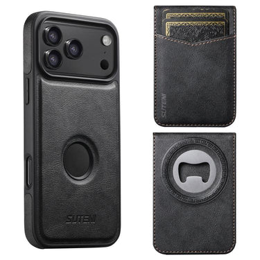 Suteni G1S5 2-in-1 Magnetic Detachable Bottle Opener Card Bag Cow Leather Back Phone Case, For iPhone 17 Pro Max, For iPhone 17 Pro, For iPhone 17, For iPhone Air, For iPhone 16 Pro Max, For iPhone 16 Pro, For iPhone 16 Plus, For iPhone 16