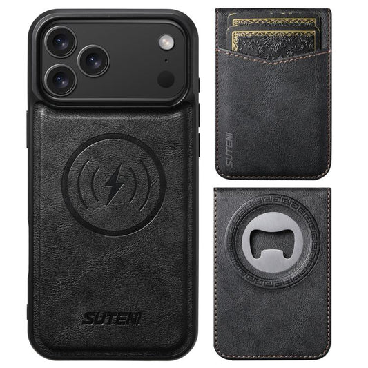 Suteni G5S5 2-in-1 Magnetic Detachable Bottle Opener Card Bag Cow Leather Back Phone Case, For iPhone 15 Pro Max, For iPhone 15 Pro, For iPhone 15 Plus, For iPhone 15, For iPhone 14 Plus, For iPhone 14, For iPhone 14 Pro, For iPhone 14 Pro Max