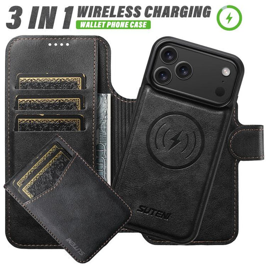 Suteni Q05S5 3-in-1 Detachable Bottle Opener Card Bag Magnetic Cowhide Vegan Leather Phone Case, For iPhone 17 Pro Max, For iPhone 17 Pro, For iPhone 17, For iPhone Air, For iPhone 16 Pro Max, For iPhone 16 Pro, For iPhone 16 Plus, For iPhone 16