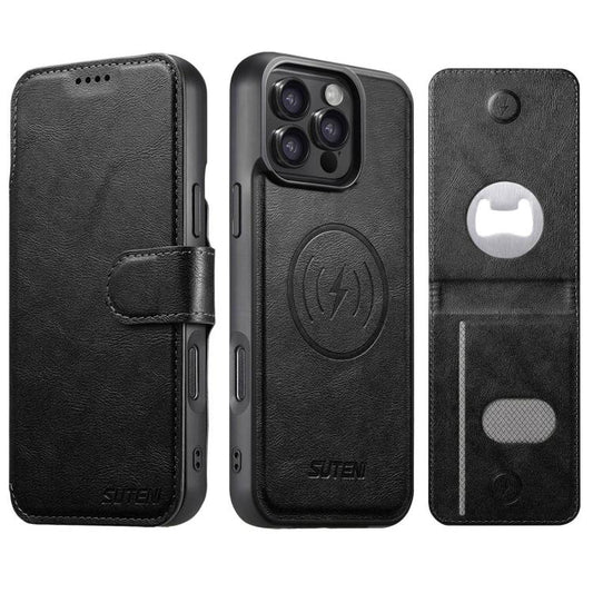 Suteni Q05S5 3-in-1 Detachable Bottle Opener Card Bag Magnetic Cowhide Vegan Leather Phone Case, For iPhone 15 Pro Max, For iPhone 15 Pro, For iPhone 15 Plus, For iPhone 15, For iPhone 14 Plus, For iPhone 14, For iPhone 14 Pro, For iPhone 14 Pro Max