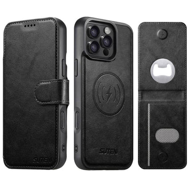 Suteni Q05S5 3-in-1 Detachable Bottle Opener Card Bag Magnetic Cowhide Vegan Leather Phone Case, For iPhone 13 Pro Max, For iPhone 13 Pro, For iPhone 13, For iPhone 12, For iPhone 12 Pro Max, For iPhone 12 Pro