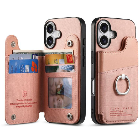 Twill Fabric Ring Multi-card Wallet Vegan Leather Phone Case, For iPhone 16, For iPhone 15 Pro Max, For iPhone 15 Pro