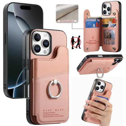 Twill Fabric Ring Multi-card Wallet Vegan Leather Phone Case, For iPhone 16 Pro Max, For iPhone 16 Pro, For iPhone 16 Plus