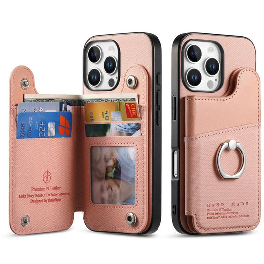 Twill Fabric Ring Multi-card Wallet Vegan Leather Phone Case, For iPhone 16 Pro Max, For iPhone 16 Pro, For iPhone 16 Plus