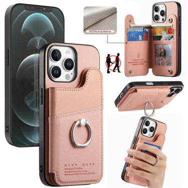 Twill Fabric Ring Multi-card Wallet Vegan Leather Phone Case, For iPhone 12 / 12 Pro, For iPhone 12 Pro Max