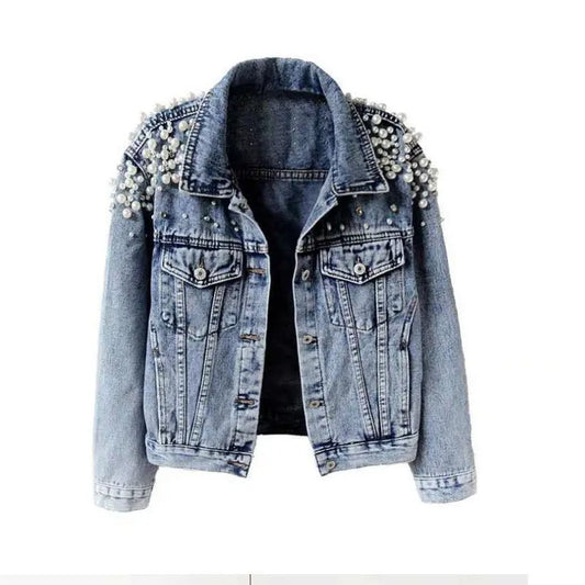 Spring and Autumn New Heavy Beaded Denim Jacket for Women, Short Length, Long Sleeve, Fashionable Export Jacket with Large Pearls