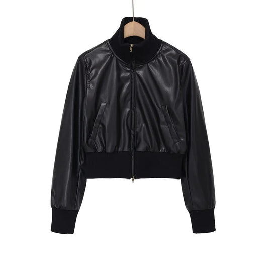 Stand collar versatile and minimalist faux leather executive jacket