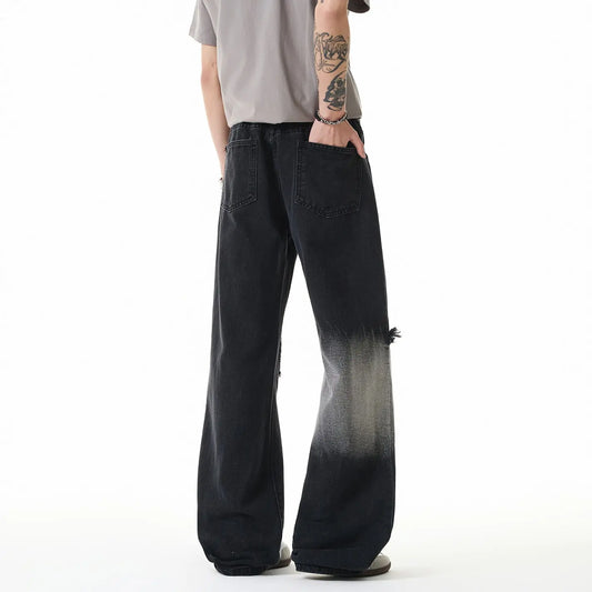 Street Style Light Gray and Charcoal Black Ripped Jeans for Men
