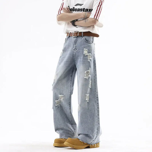 Street Style Ripped Denim Pants Men Lightweight Straight Loose