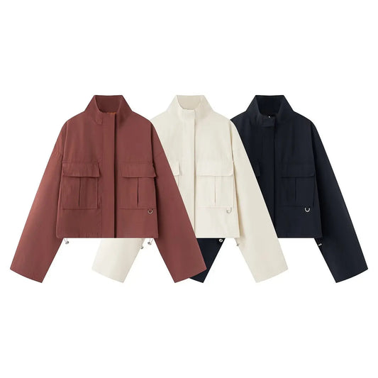 Street standing collar flip chest pocket short collar jacket