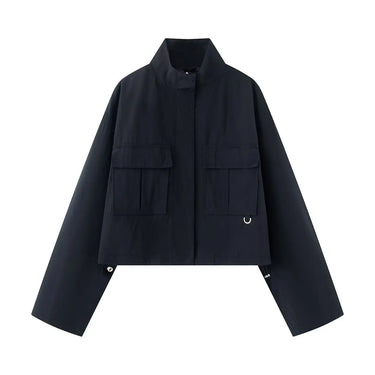 Street standing collar flip chest pocket short collar jacket