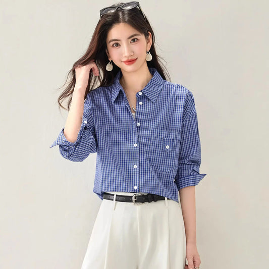 Stylish Blue Checkered Shirt Blazer for WomenFashionable and Youthful Top