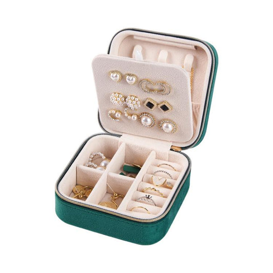 Mini 2-Tier Velvet Travel Jewelry Box with Earring Stud Board, Removable Divider & Necklace Hooks, 10 x 10 x 5.5cm