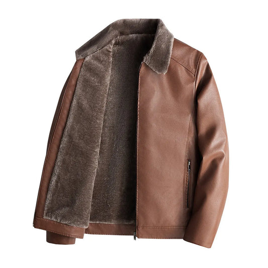 Thick velvet leather jacket for middle-aged and elderly men, PU leather jacket for autumn and winter