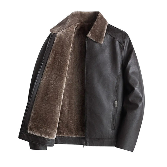 Thick velvet leather jacket for middle-aged and elderly men, PU leather jacket for autumn and winter