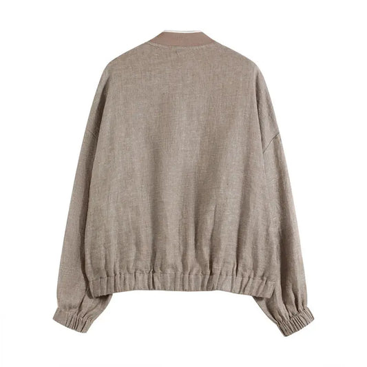 Vintage Distressed Stand Collar Linen Jacket Loose Slim Fit Lazy Style Relaxed Zipper Baseball Jacket