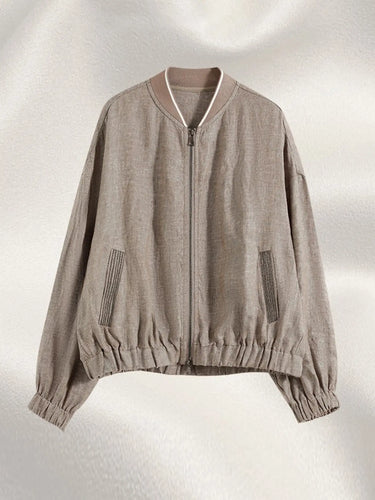 Vintage Distressed Stand Collar Linen Jacket Loose Slim Fit Lazy Style Relaxed Zipper Baseball Jacket