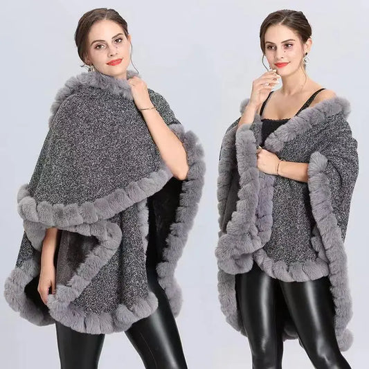 Women's Plus Cashmere Fur Collar Knitted Cardigan Shawl Cape Coat