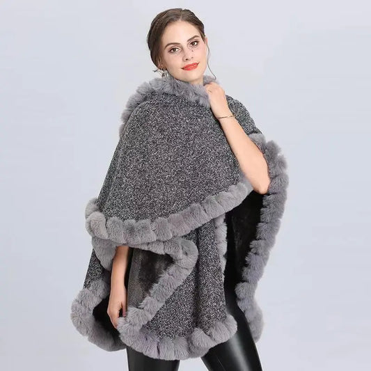 Women's Plus Cashmere Fur Collar Knitted Cardigan Shawl Cape Coat
