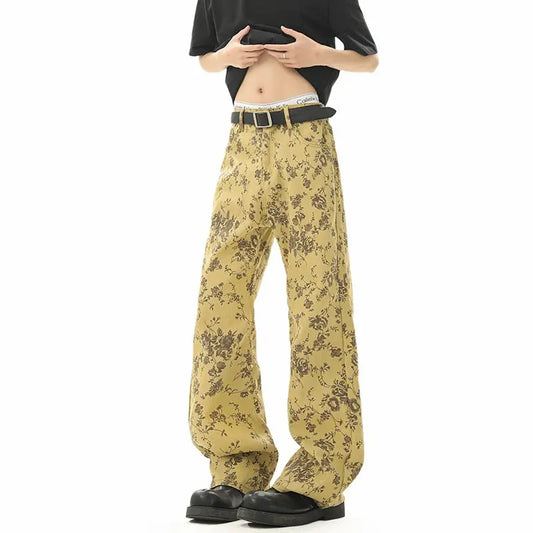 Yellow Mud Color Floral All-Over Jacquard Denim Pants