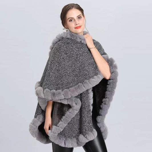 Women's Plus Cashmere Fur Collar Knitted Cardigan Shawl Cape Coat