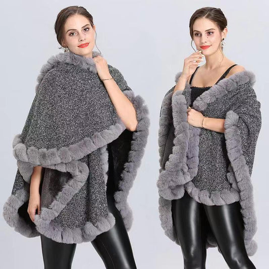 Women's Plus Cashmere Fur Collar Knitted Cardigan Shawl Cape Coat