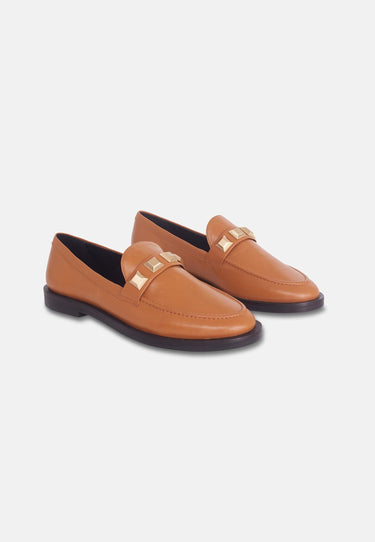 Beige Calf Leather Loafers – Elegant Women’s Flat Shoes With Metal Stud Detail