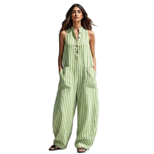 Fashionable Loose V-Neck Long Striped Jumpsuit  