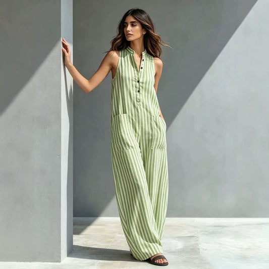 Fashionable Loose V-Neck Long Striped Jumpsuit  