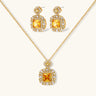 14K gold-plated jewelry set featuring square-cut cubic zirconia stones in ornate layered settings on white background.