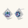 Diamond-shaped sterling silver stud earrings with rainbow moissanite centers surrounded by crystal halos