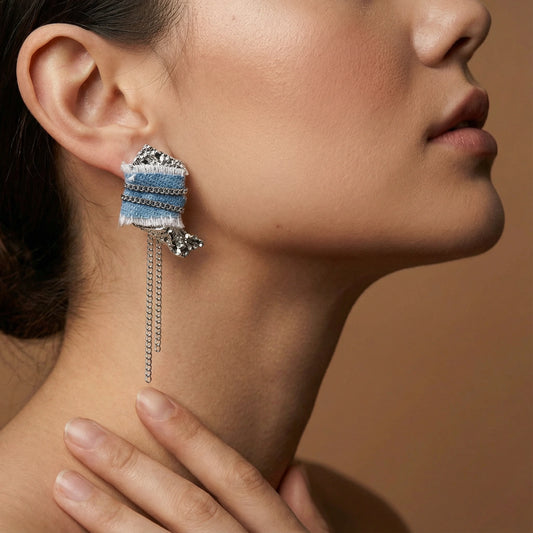 Denim Fringe Chain Earrings  