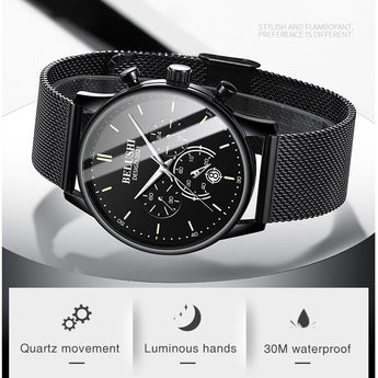 BELUSHI Watch Men Luxury Brand Famous Male Watch Black Watches Ultra Thin Milan Belt Stainless Steel Quartz Men Wrist Watch Utrano