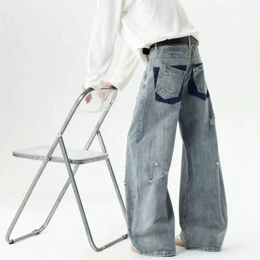 Bamboo Texture Distressed Washed Straight Leg Oversized Tapered Jeans  
