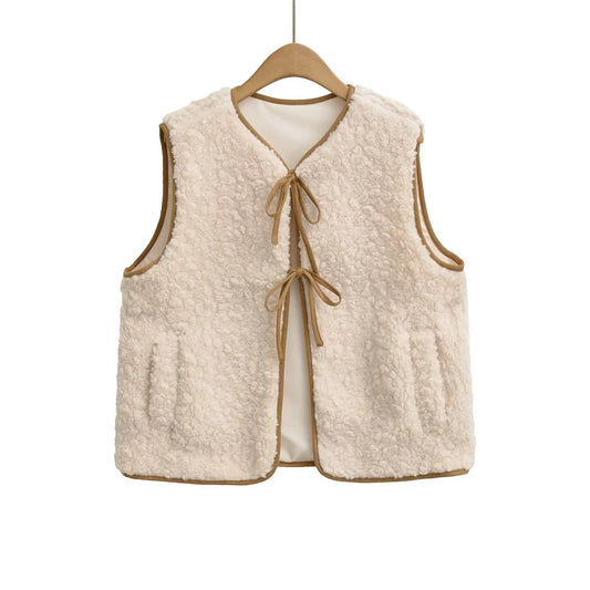 Bow tie spring decoration lamb fur vest  