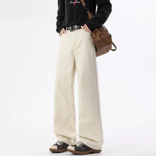 Casual Straight Leg Jeans for Men, White Checkered Denim Pants  