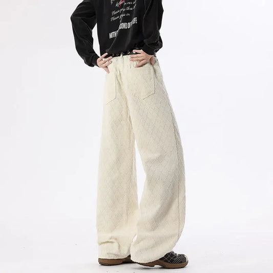 Casual Straight Leg Jeans for Men, White Checkered Denim Pants  