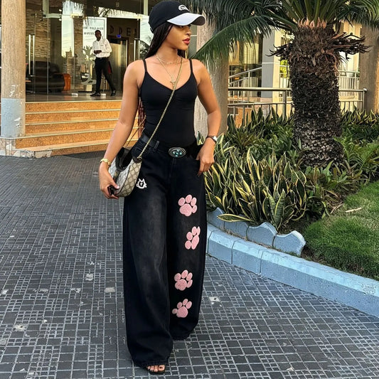 Cat Paw Embroidery Wide Leg Jeans  