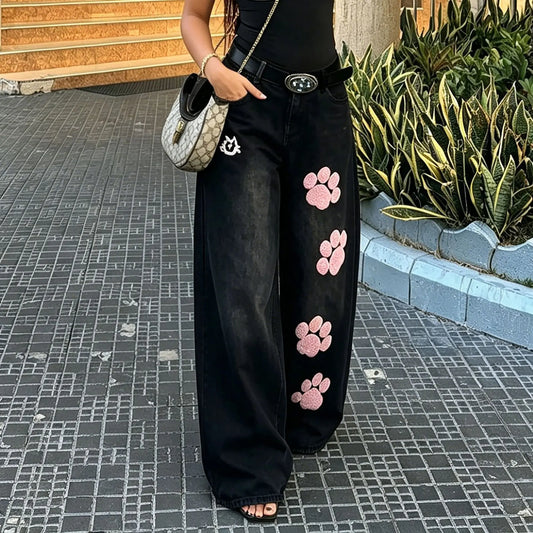 Cat Paw Embroidery Wide Leg Jeans  
