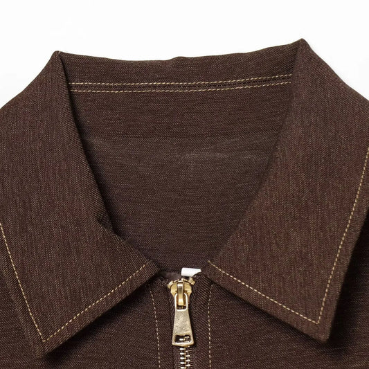 Collar zipper long sleeved flip pocket short jacket  