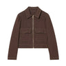Collar zipper long sleeved flip pocket short jacket  