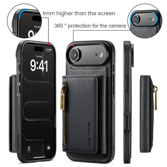 DG.MING M5 Series Zip RFID Multi Card Detachable Leather Phone Case, For iPhone Air, For iPhone 16 Pro Max, For iPhone 16 Pro, For iPhone 16 Plus  