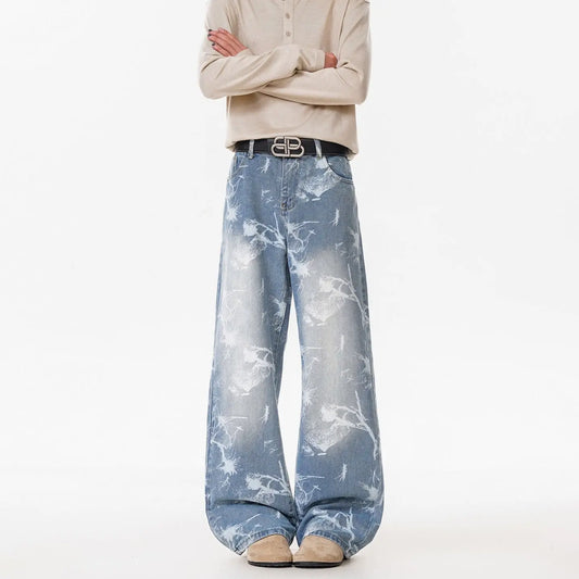 Deep Blue Denim Pants Men's Streetwear Style Flared Knife Cut Trousers  